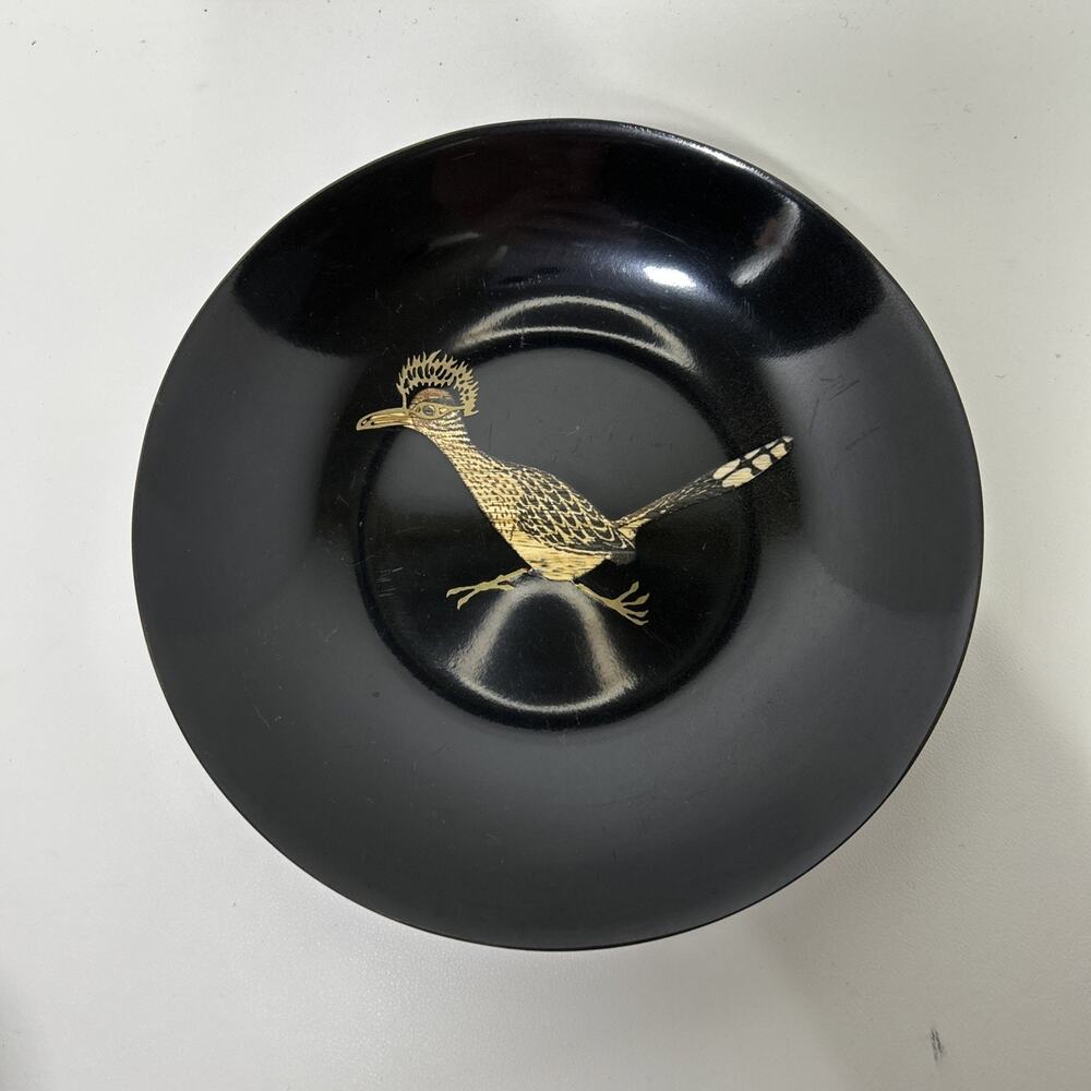 Vtg Couroc Of Monterey Inlaid Roadrunner Bird Round 7.75" Bowl Southwest Desert